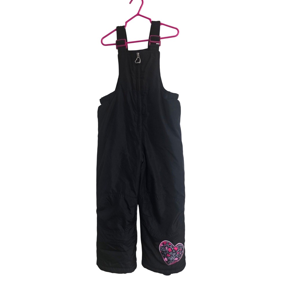 Arctic Quest Girls Black Snow Bibs Heart Patch Insulated Overalls Size 4 QJX8051